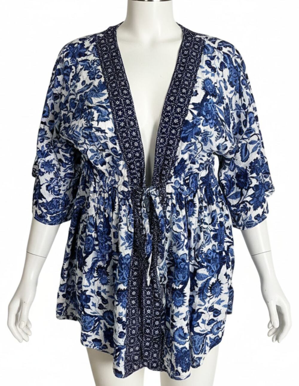 Naliui Swim Cover Up Womens ONE SIZE Blue White Floral All Over Print Boho Pool